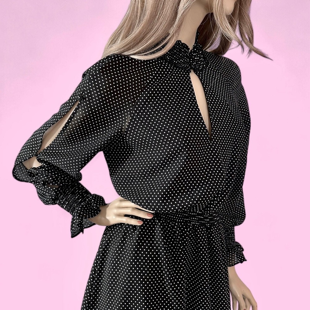 Black Swiss Dot Ruffle Mini Dress Small Sheer Sleeve Coquette Date Night - Picture 5 of 10